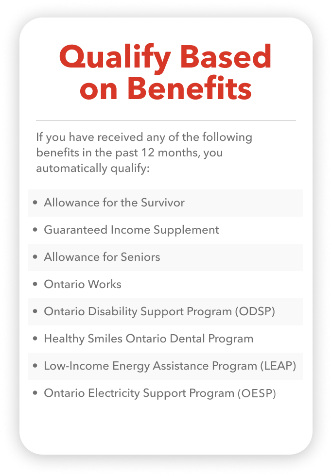 If you have received any of the following benefits in the past 12 months, you automatically qualify: • Allowance for the Survivor • Guaranteed Income Supplement • Allowance for Seniors • Ontario Works • Ontario Disability Support Program (ODSP) • Healthy Smiles Ontario Child Dental Program • Low-Income Energy Assistance Program (LEAP) • Ontario Electricity Support Program (OESP)